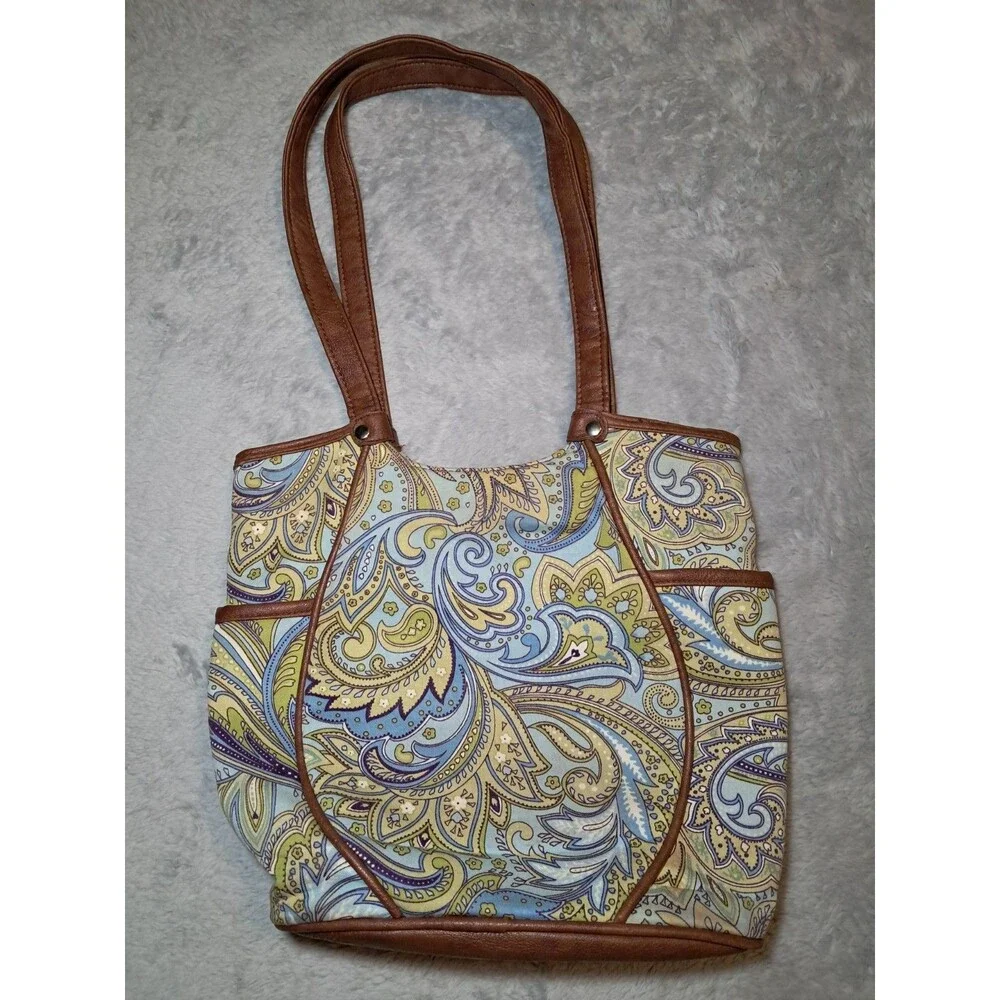 Longaberger Small Tote Blue And Green Paisley Print Faux Leather Trim & Handles